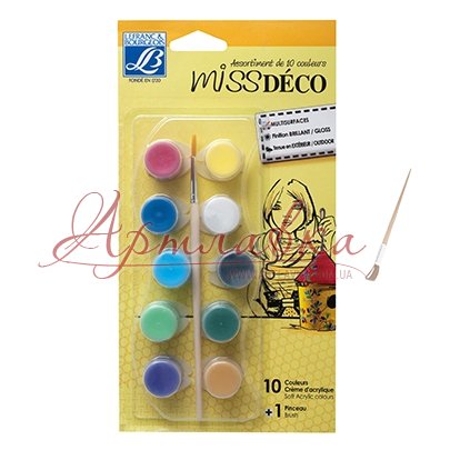 Набор акриловых красок,  Miss Deco set Deco Gloss, 10шт + кисточка