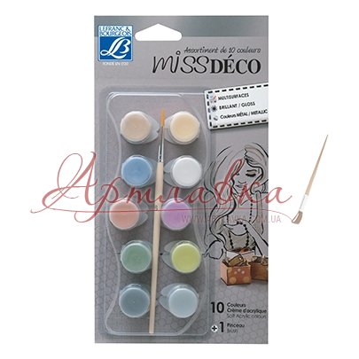 Набор акриловых красок,  Miss Deco set Deco Metallic, 10шт + кисточка