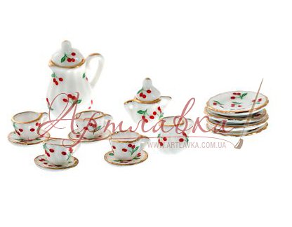 Набор миниатюры чайный фарфоровый Вишенка, 15 предметов