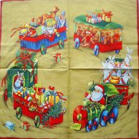 Декупажная салфетка "Поезд с подарками, золотистый фон", 33*33 см
