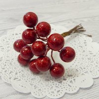 Декоративные ягодки красные с глиттером, 12шт.