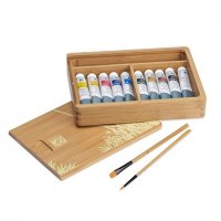 Набір акрилових фарб "Lefranc Bamboo box" у дерев'яній шухлядці, 10*20мл + 2 пензлі