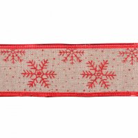 Лента декоративная мешковина Красные снежинки, 6смх2м