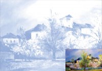 Полотно на картоні з ескізом, "Будиночок у горах", 30*40, бавовна, акрил, Етюд