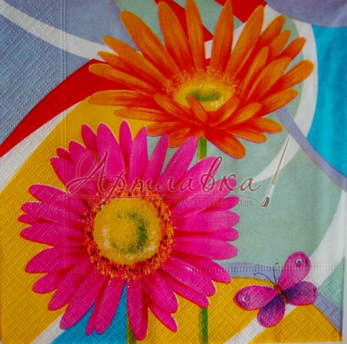 Декупажная салфетка Герберы и бабочка, 33*33 см