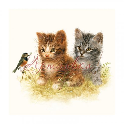 Декупажная салфетка Котята и птичка, 33*33см