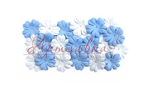 Набір квітів із шовковистого паперу двоколірний, небесно-білий, 28 мм, 20шт/уп