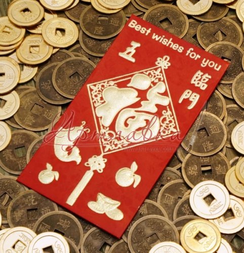 Конверт красный с золотым тиснением, 9х16,5 см