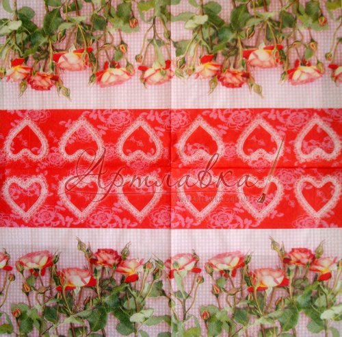 Декупажна серветка Рози, серця, 33*33см