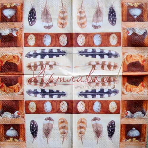 Декупажная салфетка Курочки, перья, 25*25см