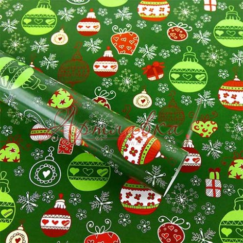Бумага для упаковки подарков Новогодние игрушки на зеленом, 70*100см