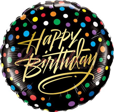 Шар фольга 18 (46см.) Happy Birthday разноцветный горошек на черном