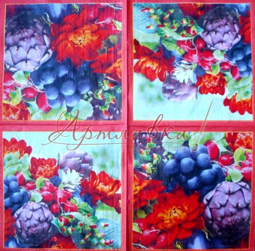 Декупажная салфетка Артишоки, виноград, цветы, 33х33см
