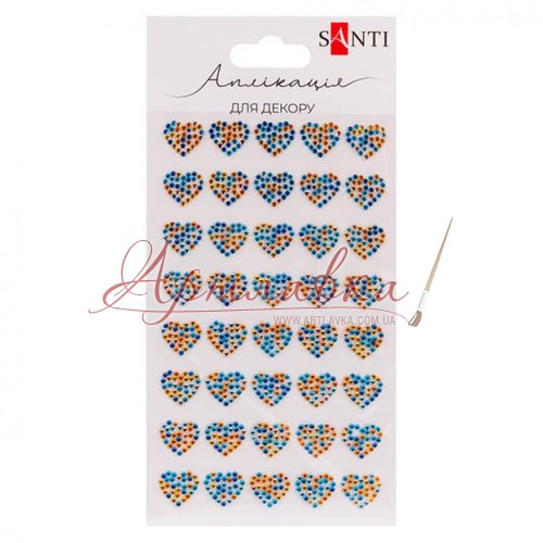 Кристали клейові Серденька синьо-жовті, 40шт/уп