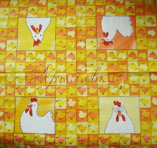 Декупажная салфетка Курочки на желтом фоне,33*33см