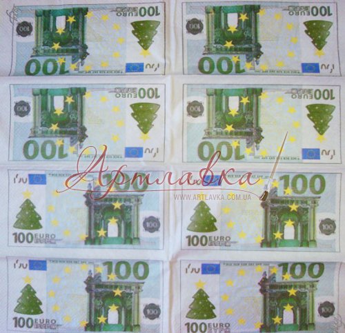 Декупажная салфетка 100 евро, 33*33 см