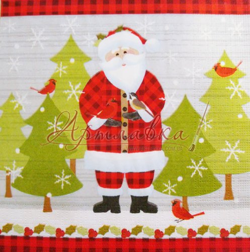 Декупажная салфетка Дед Мороз и ёлки, 33*33 см