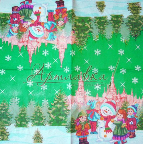 Декупажная салфетка Дети и снеговик, 33*33 см