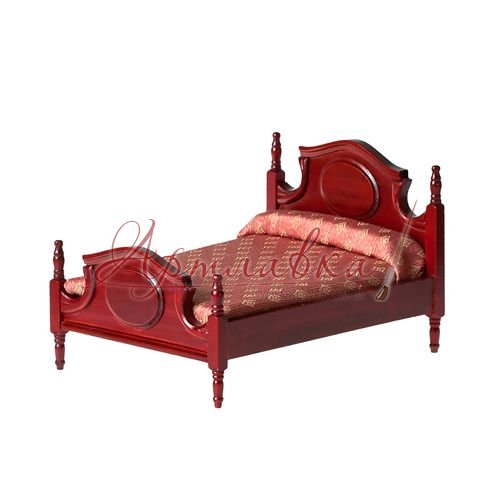 Кровать деревянная, красный махагон и ткань, 10,5*17*13 см