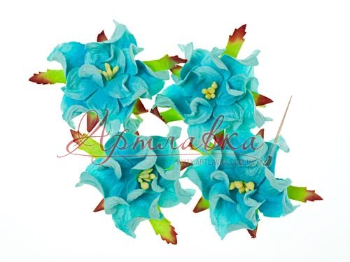 Цветы гардении с листочками, Небесно-голубые, 5см, 4шт/уп