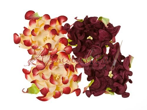 Цветы гардении с листочками, Бордовые (микс), 7 см, 4шт/уп