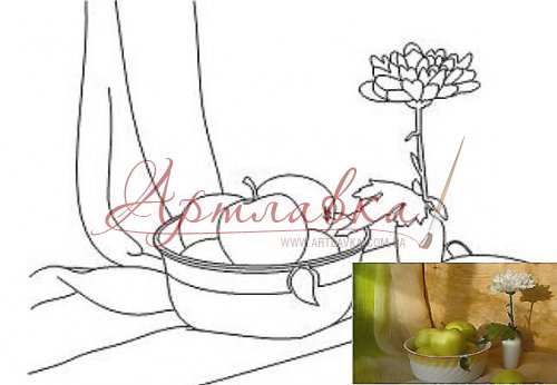 Холст с контуром Натюрморт Яблоки и цветок, 30*40см, хлопок, картон, акрил